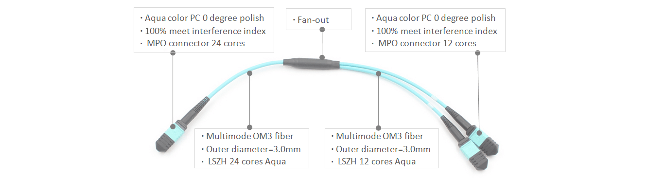 MPO male OM3 50/125um Multimode Low Loss Elite 24 Core to 2x12 Core Trunk Optic Fiber Cable