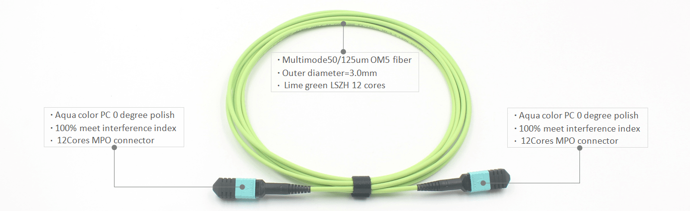 MPO Female 12 Cores OM5 Multimode IL0.7dB Lime Green Color LSZH 3.0mm Round Optical Fiber Cable