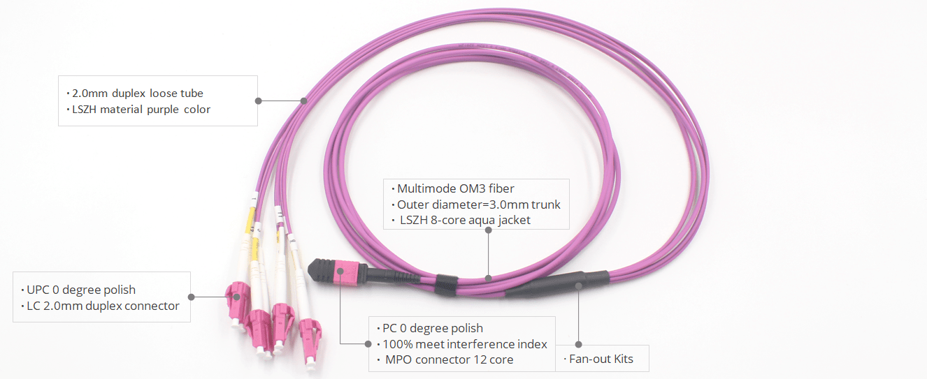 IL0.35dB 8-Fiber MPO to Duplex LC Fan-Out Cable OM4 Multimode 50/125um LSZH Purple Color Breakout Optical Jumper