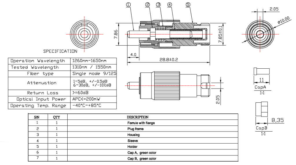 FC APC Plug Type Fixed Singlemode Fiber Optic Attenuator