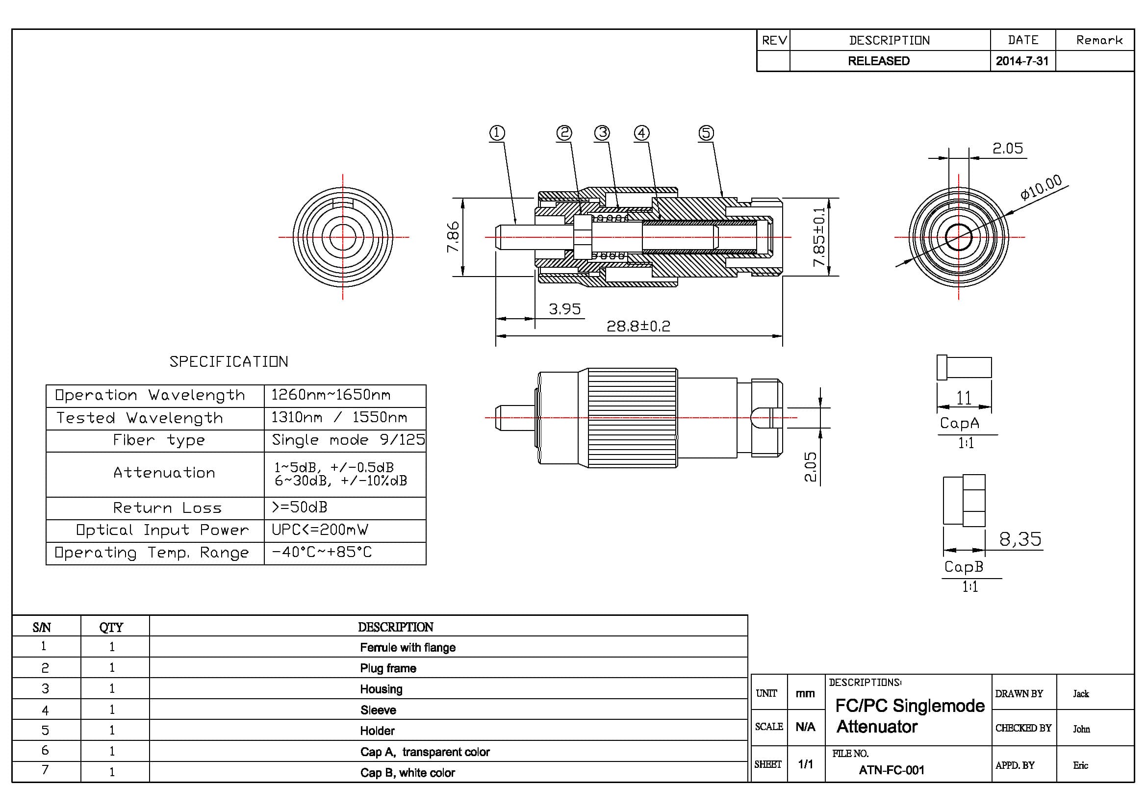 SC/UPC Single-Mode Attenuation 1 to 30dB Plug Type Fixed  Optical Attenuator