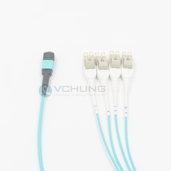 MPO Female to Uniboot LC 8-Cores OM3 50/125um Multimode LSZH Aqua Fan-Out Optical Patch-Cord