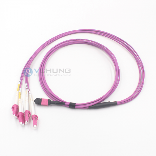 8 Fibers OM4 Multimode LSZH Purple Jacket MPO Female to 4xLC Duplex Breakout Optical Fiber Cable