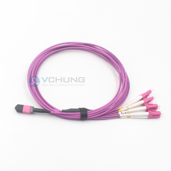8 Fibers OM4 Multimode LSZH Purple Jacket MPO Female to 4xLC Duplex Breakout Optical Fiber Cable