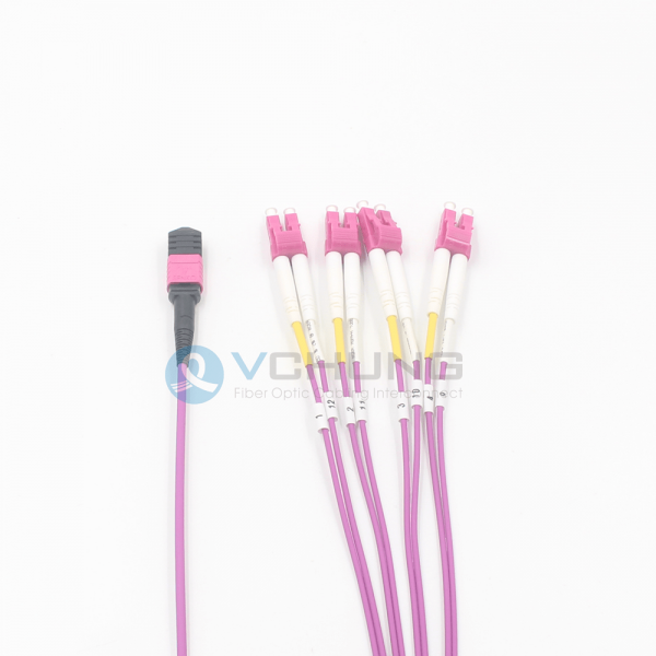 8 Fibers OM4 Multimode LSZH Purple Jacket MPO Female to 4xLC Duplex Breakout Optical Fiber Cable