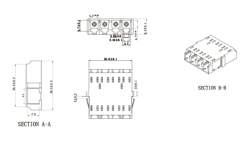 LC/APC 4Cores Single-Mode IL≤0.20dB Green color no flange Adapter(One-piece Type)