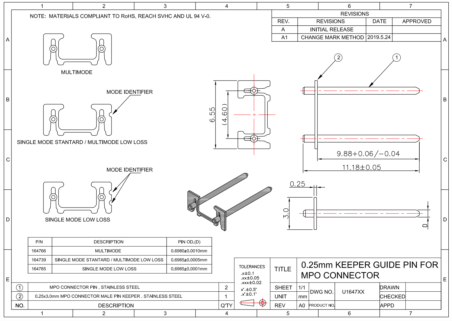 Multimode or Sinled-Mode with 0.25mm Keeper Stainless Steel Material MPO Guide Pins